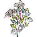 11081: Silver Setting Pink, Green, Blue multi-stone  flowers brooches