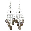 13981: Silver Beaded brown,white smoky quartz chandelier earrings