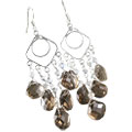 13983: Silver Beaded brown,white smoky quartz chandelier earrings