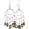 13985: Silver Beaded brown,white smoky quartz  chandelier earrings