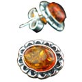 7153: Silver Setting orange, silver amber  flower earrings