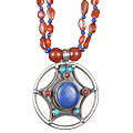 Design 13514: blue,orange,multi-color carnelian medallion, pendant, star necklaces