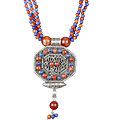 Design 13515: blue,orange,multi-color carnelian ethnic, medallion, multistrand, pendant necklaces