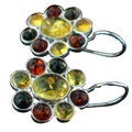 12471: Silver Setting green,orange,yellow amber  flower earrings