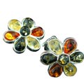 12474: Silver Setting green,orange,yellow amber  flower earrings