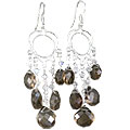 13958: Silver Beaded brown,white smoky quartz chandelier earrings