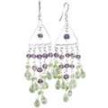 14017: Silver Beaded green,purple prehnite chandelier earrings