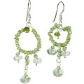 14019: Silver Beaded green,white prehnite hoops earrings