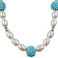13320: Silver Beaded blue,white pearl classic necklaces