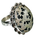 12008: Silver Setting Beige, Black dalmatian jasper  american-southwest rings